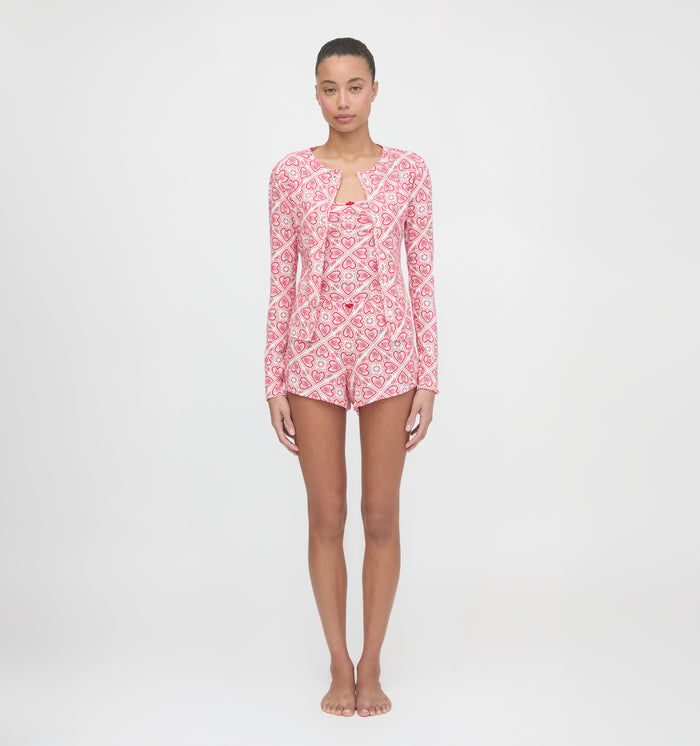 The Kaelie Pointelle Cardigan - White Patchwork Doily Heart