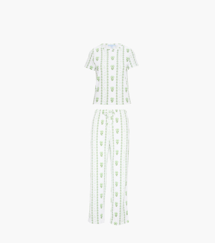 The Kelly Pajama Set - White/Green Arcadia Border
