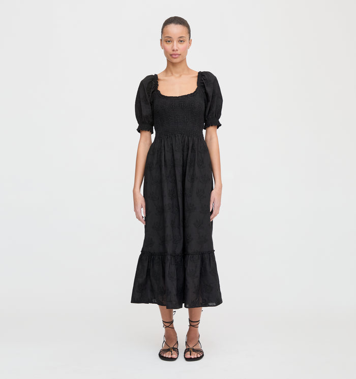 The Louisa Nap Dress - Black Embroidered Bouquet