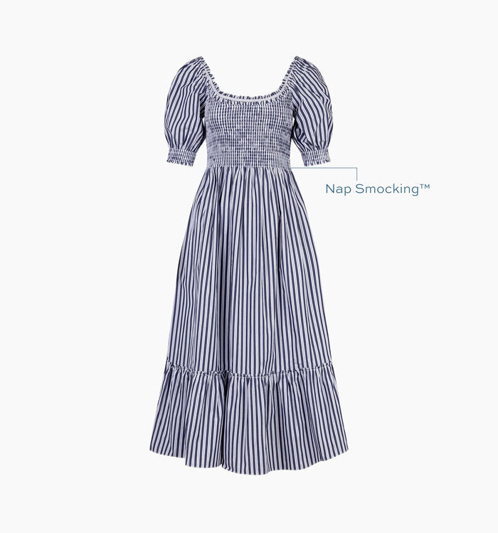 Image of a Nap Dress with text highlighting it's Nap Smocking™ color: Navy Stripe