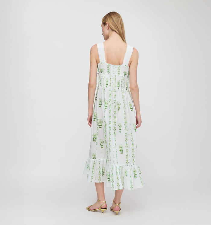 The Lux Nightgown - White/Green Arcadia Border