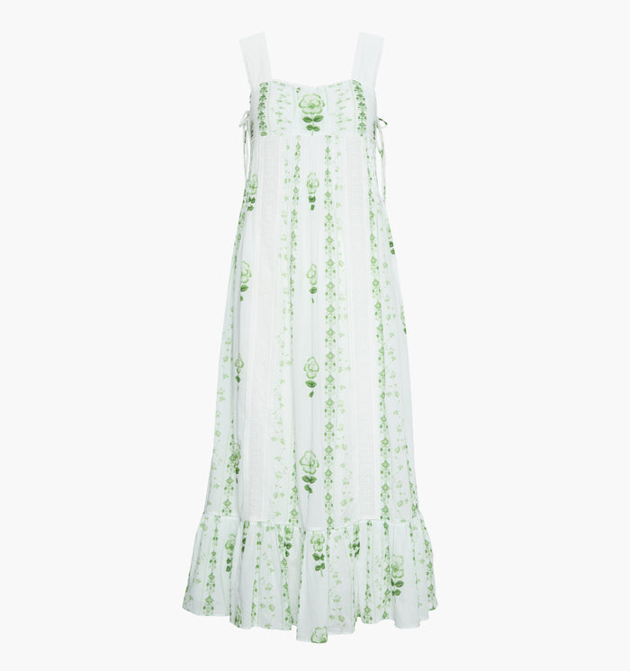 The Lux Nightgown - White/Green Arcadia Border