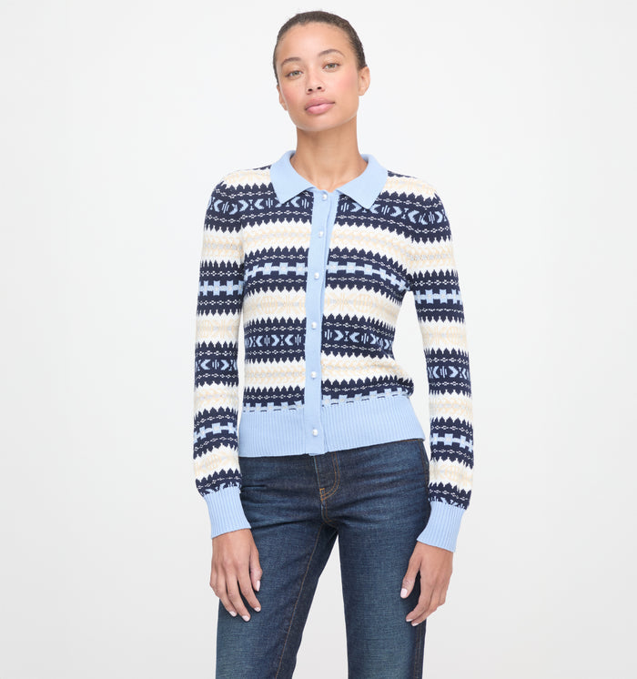 The Mairead Cardigan in Blue Multi Fair Isle color: Blue Multi