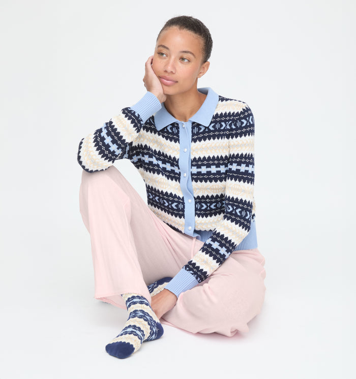 The Mairead Cardigan in Blue Multi Fair Isle color: Blue Multi