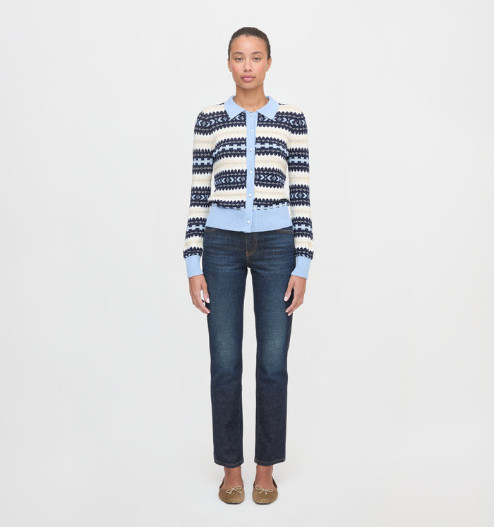 The Mairead Cardigan in Blue Multi Fair Isle color: Blue Multi