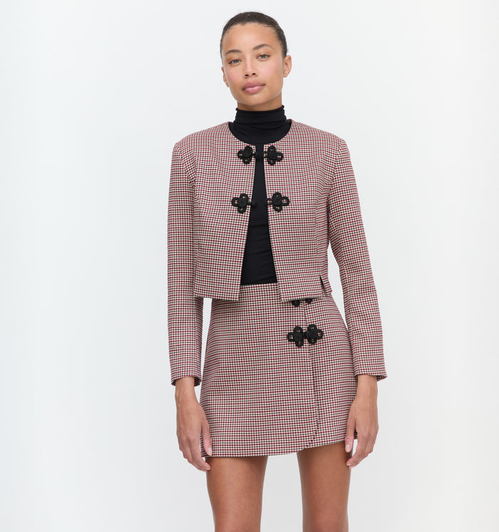 The Aubriella Jacket and  Melody Skirt in Burgundy Holmes Houndstooth color: Burgundy Holmes Houndstooth