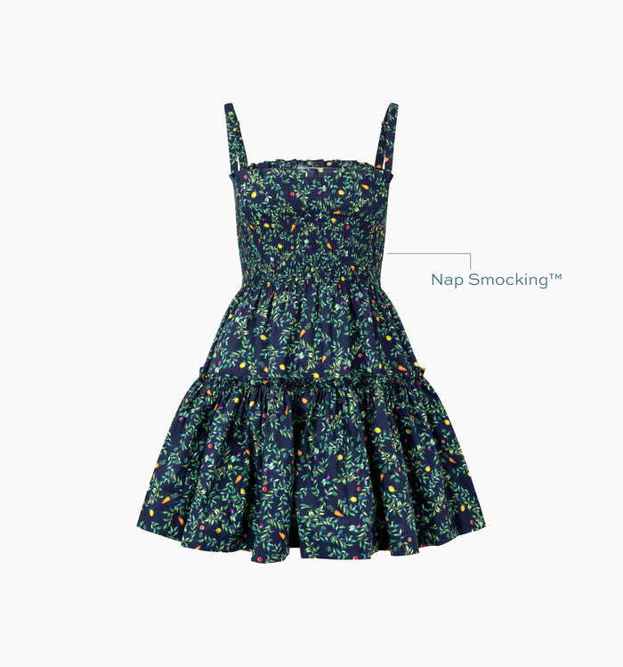 Image of a Nap Dress with text highlighting it's Nap Smocking™ color: Midnight Garden