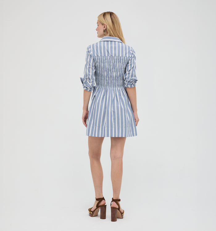The Mira Dress -  Coln Ticking Stripe Dusty Blue