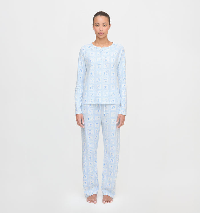 The Olivia Pajama Set in Blue Skiers Toile color: Blue Skiers Toile