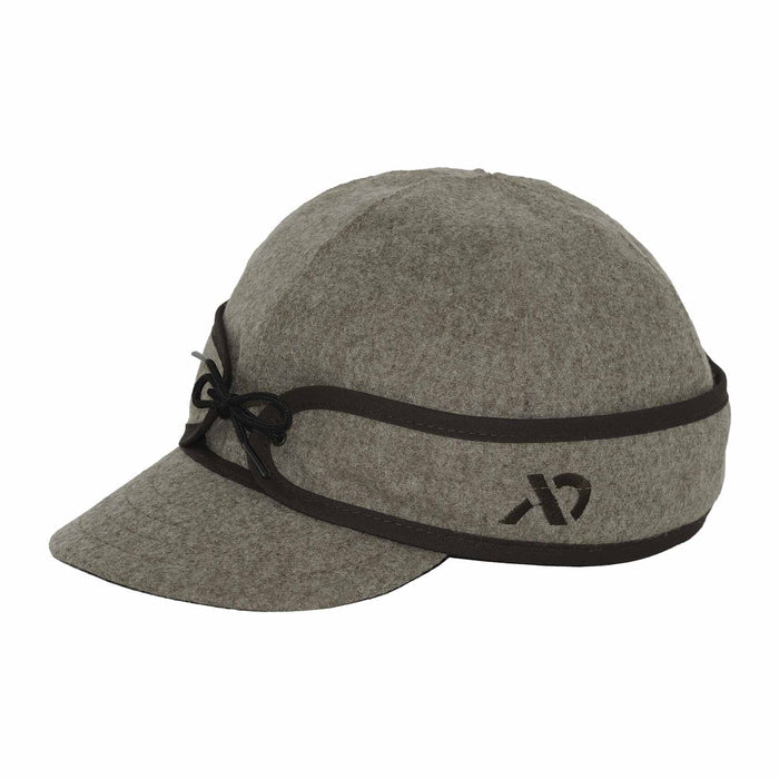 Grey felt cap with a dark brown band, a black cord bow, and a black logo.