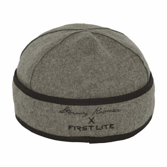 Heather grey wool cap with a dark trim band and "Stormy Kromer X FIRST LITE" embroidered on the front.