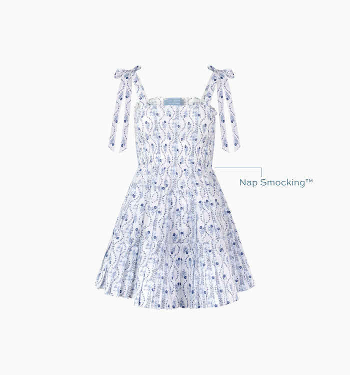 Image of a Nap Dress with text highlighting it's Nap Smocking™ color: Blue Vine Stripe