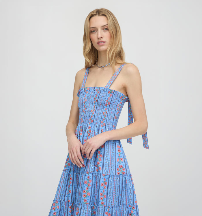 The Ribbon Ellie Nap Dress - Blue Floral Batik Stripe
