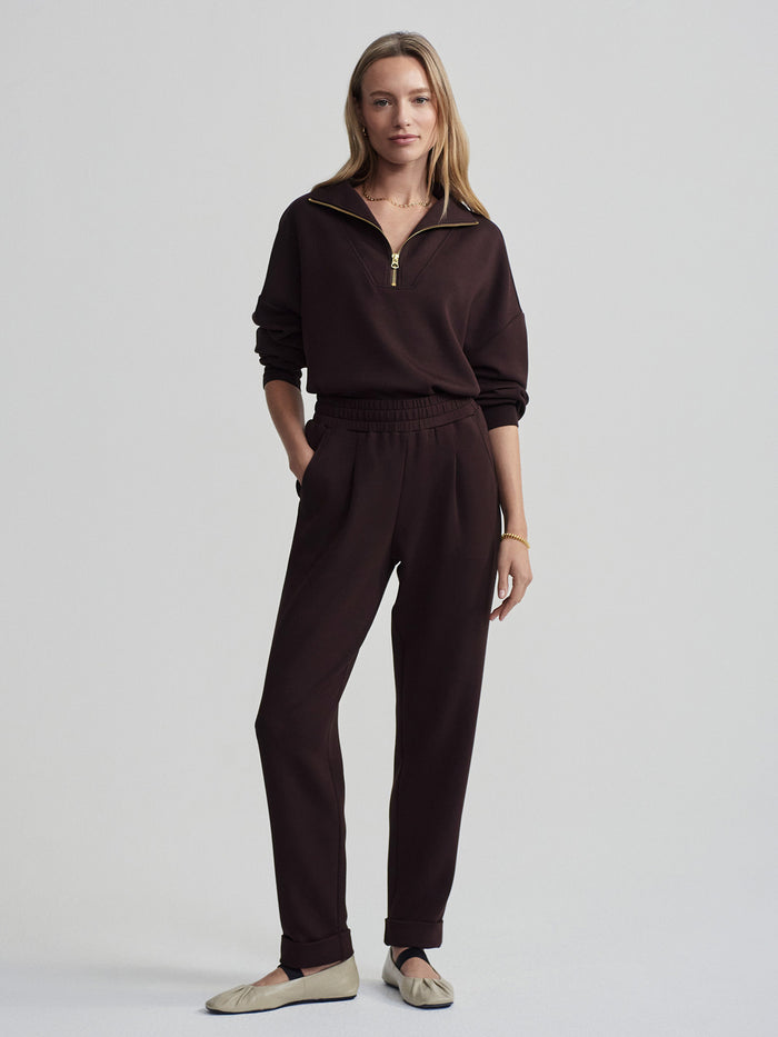 Coffee Bean|Front view of The Rolled Cuff Pant 25 in Coffee Bean, featuring rolled cuffs, tailored straight leg, mid-rise, woven fabric for everyday wear.