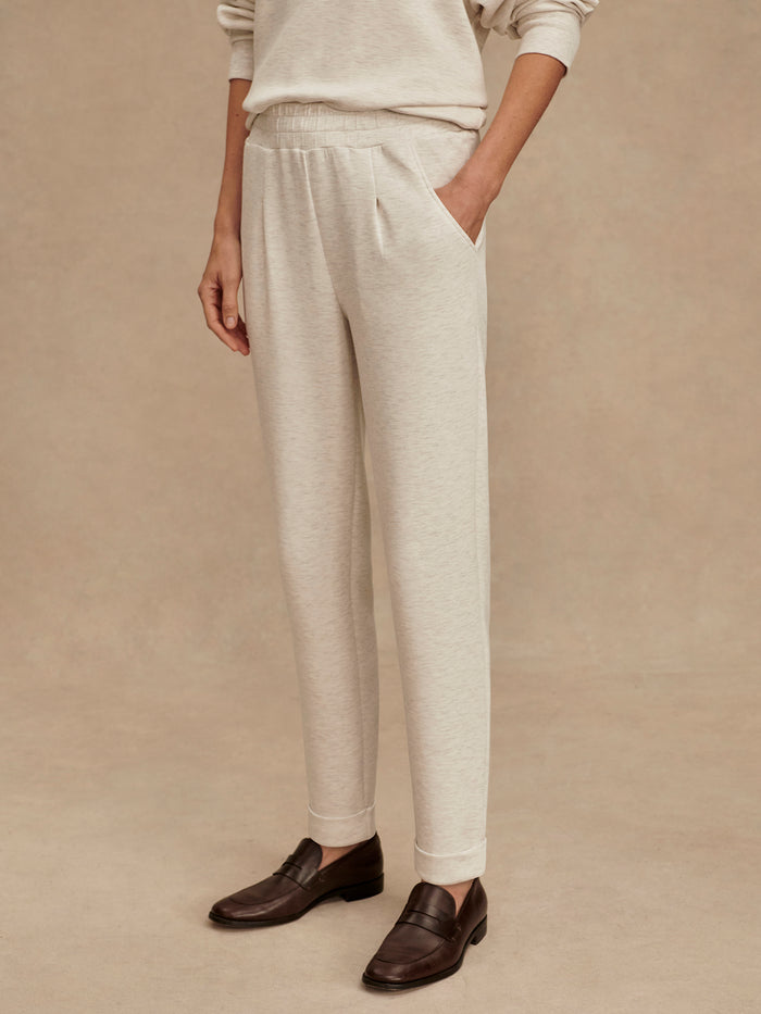 Ivory Marl|The Rolled Cuff Pant in Ivory Marl, size 28.5, front view showing rolled cuffs and clean straight-leg silhouette.