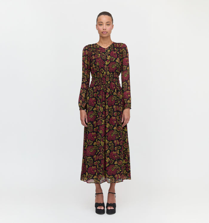 The Rosely Dress in Black Palampore Floral color: Black Palampore Floral