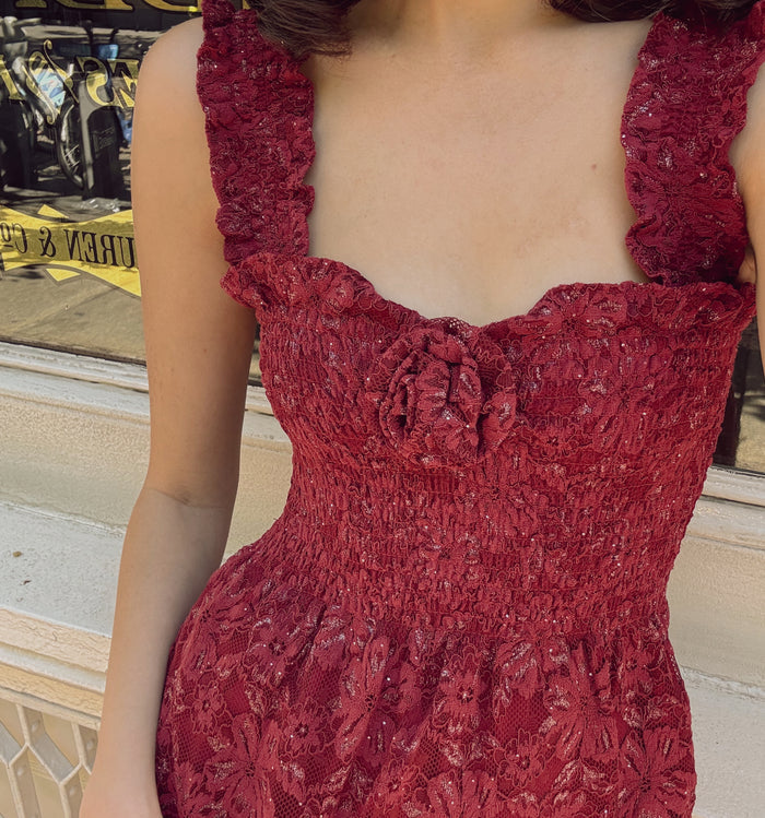 The Rosetta Nap Dress in Claret Lace color: Claret Lace