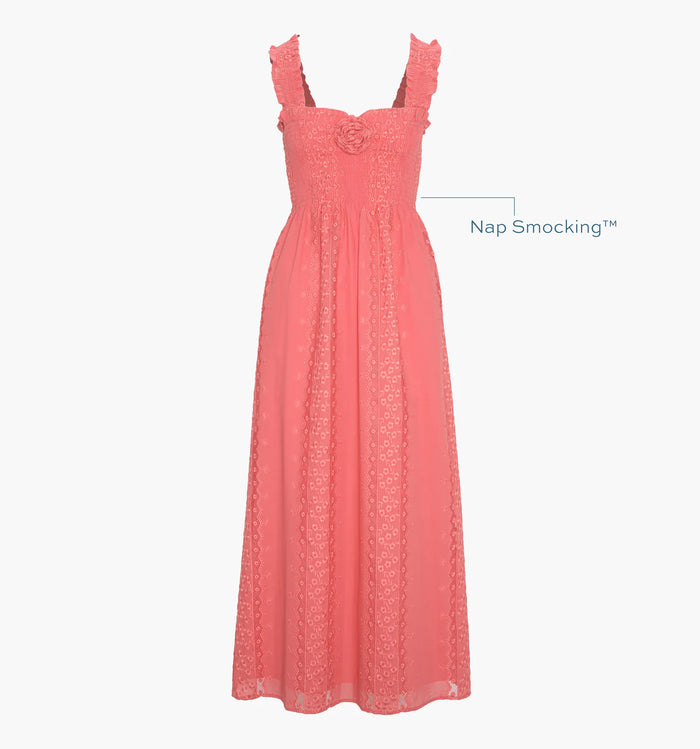 Image of a Nap Dress with text highlighting it's Nap Smocking™ color: Coral Voile Broderie