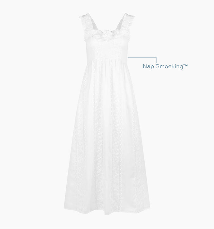 Image of a Nap Dress with text highlighting it's Nap Smocking™ color: White Broderie Voile