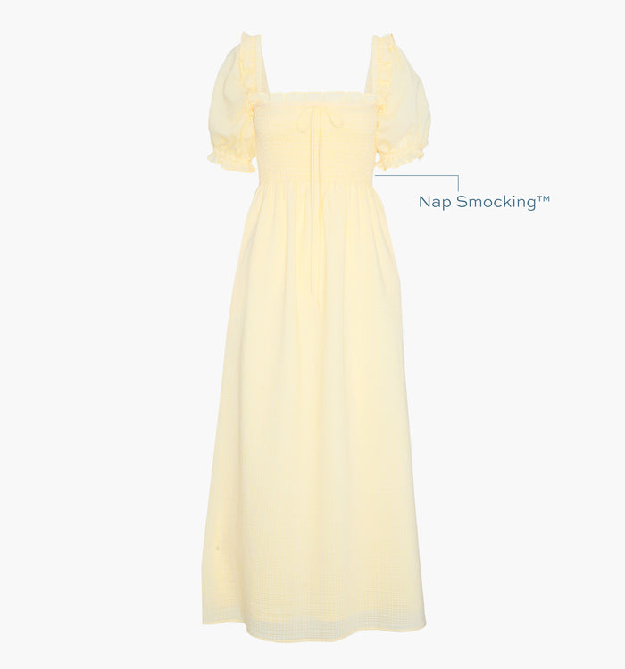 Image of a Nap Dress with text highlighting it's Nap Smocking™ color: Butter Yellow