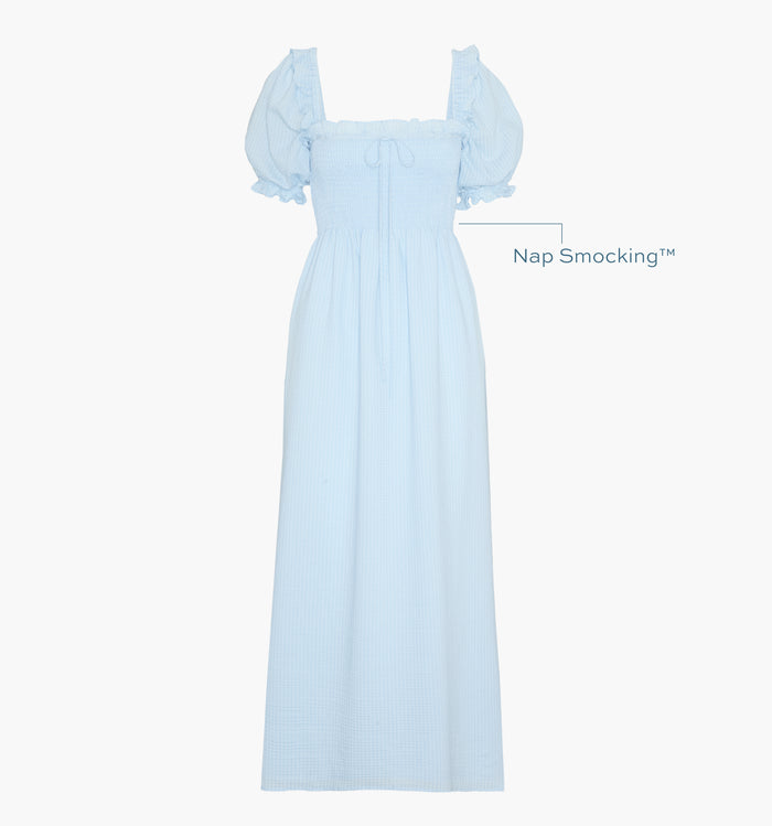 Image of a Nap Dress with text highlighting it's Nap Smocking™ color: Pale Blue
