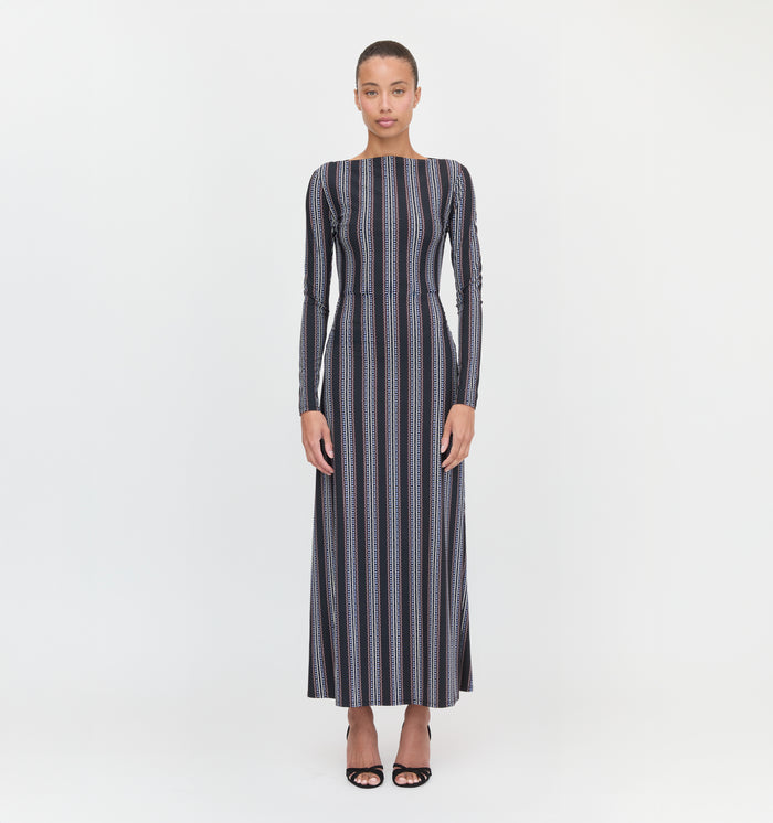 The Selene Dress in Black Cobalt Medallion Stripe color: Black Cobalt Medallion Stripe