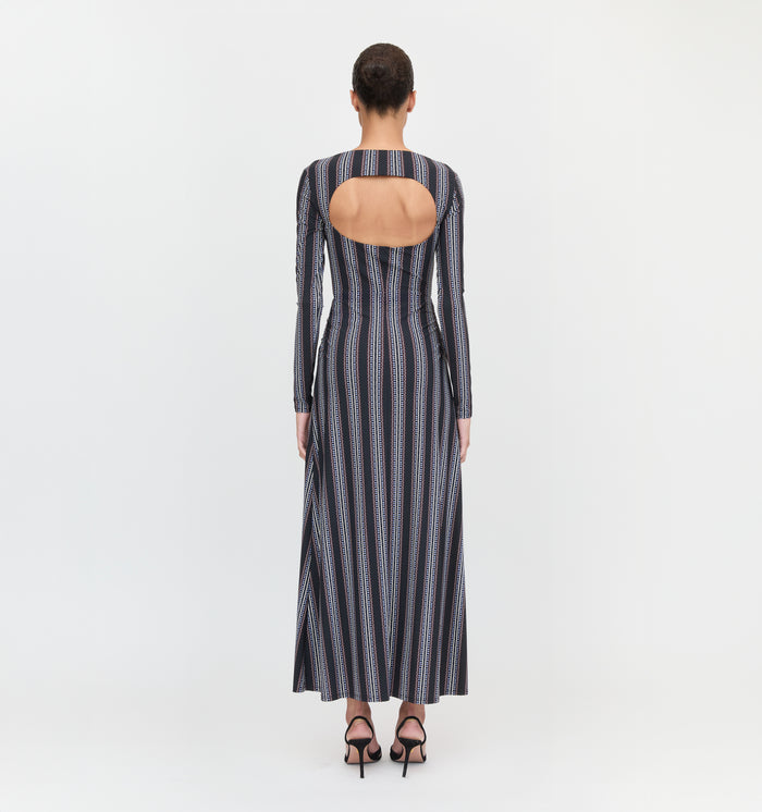 The Selene Dress in Black Cobalt Medallion Stripe color: Black Cobalt Medallion Stripe