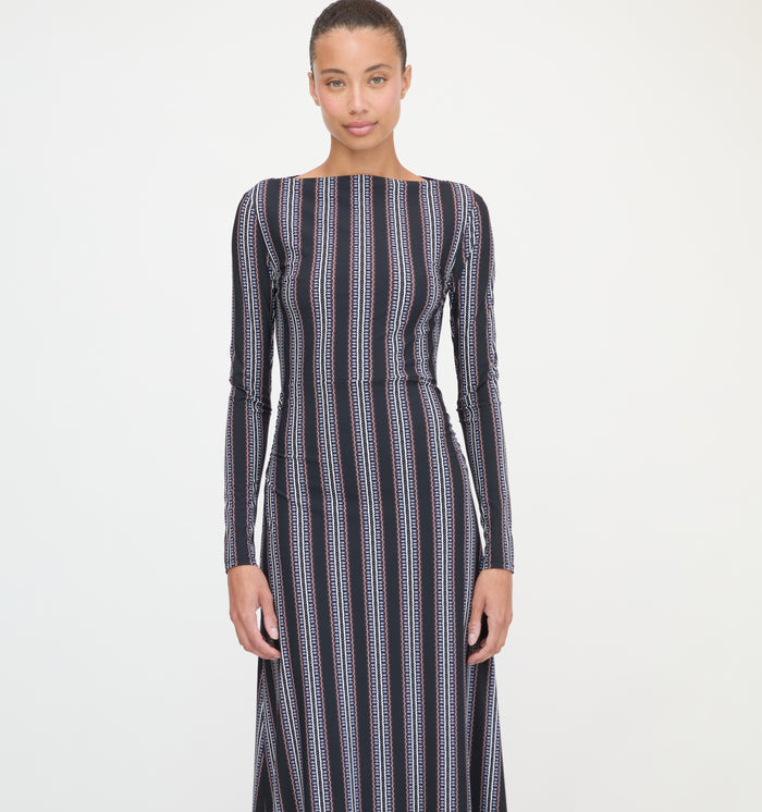 The Selene Dress in Black Cobalt Medallion Stripe color: Black Cobalt Medallion Stripe