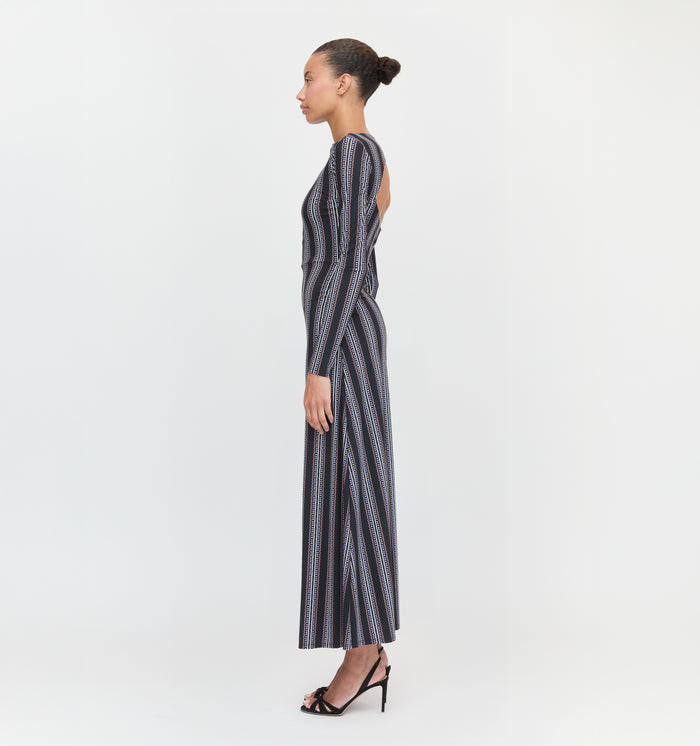 The Selene Dress in Black Cobalt Medallion Stripe color: Black Cobalt Medallion Stripe