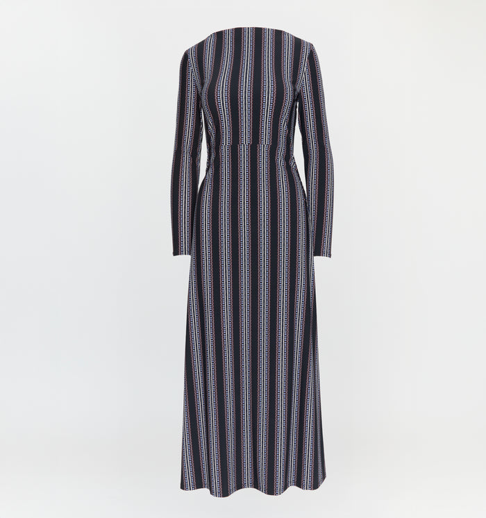 The Selene Dress in Black Cobalt Medallion Stripe color: Black Cobalt Medallion Stripe