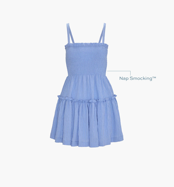 Image of a Nap Dress with text highlighting it's Nap Smocking™ color: Bluebird Tonal Seersucker