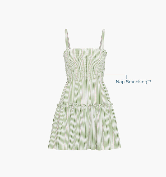 Image of a Nap Dress with text highlighting it's Nap Smocking™ color:  Green Jacquard Stripe