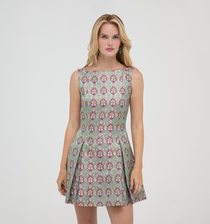 The Shayla Dress - Baroque Diamond Block Berry/Green