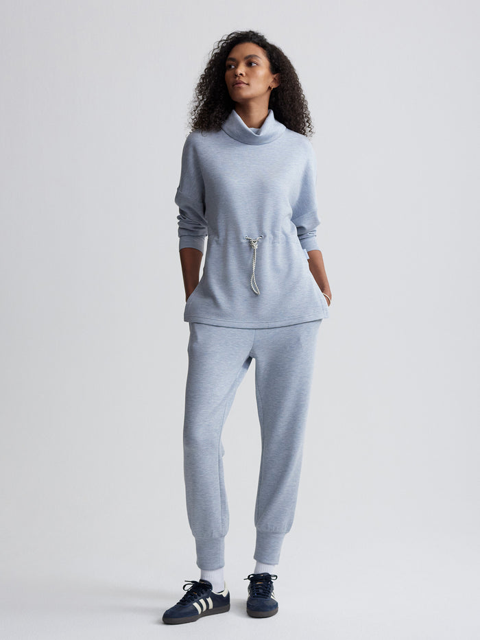 Mid Blue Marl|Front view of The Slim Cuff Pant in Mid Blue Marl, 27.5 inseam, slim fit with a cuffed hem.