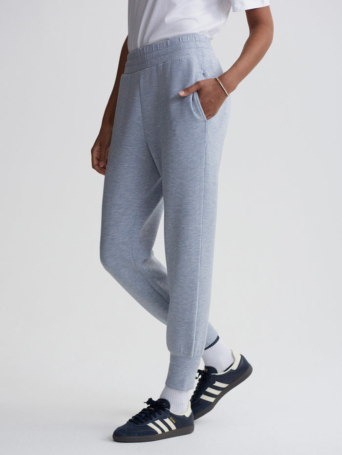 Mid Blue Marl|The Slim Cuff Pant in Mid Blue Marl, a slim-fit cuffed ankle pant in marled fabric.