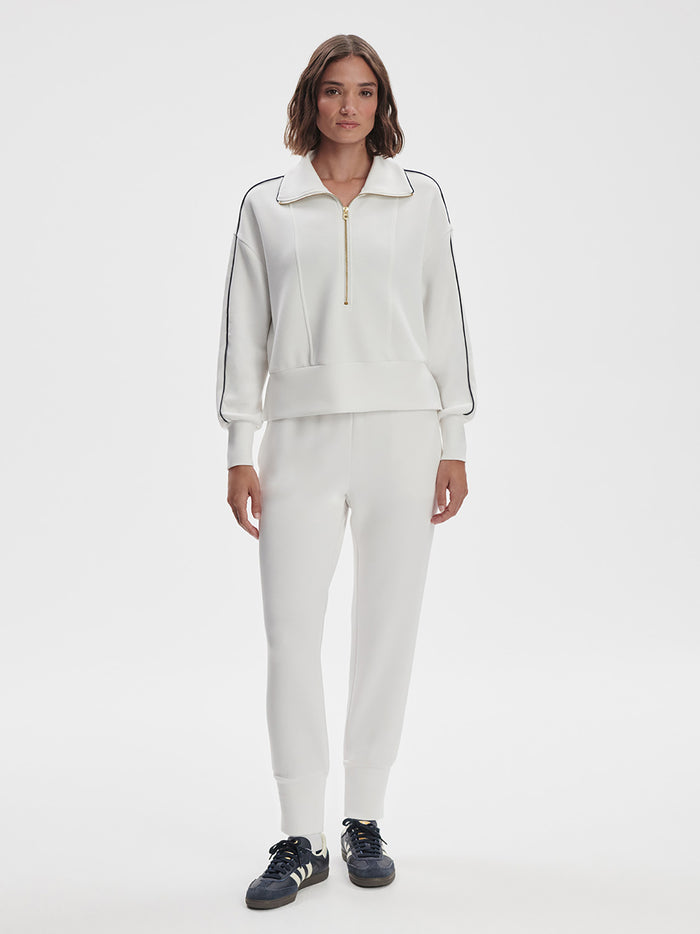 White|Varley VAR01714 Slim Cuff Pant in White, front view, slim-fit with cuffed hem and 27.5 inseam.