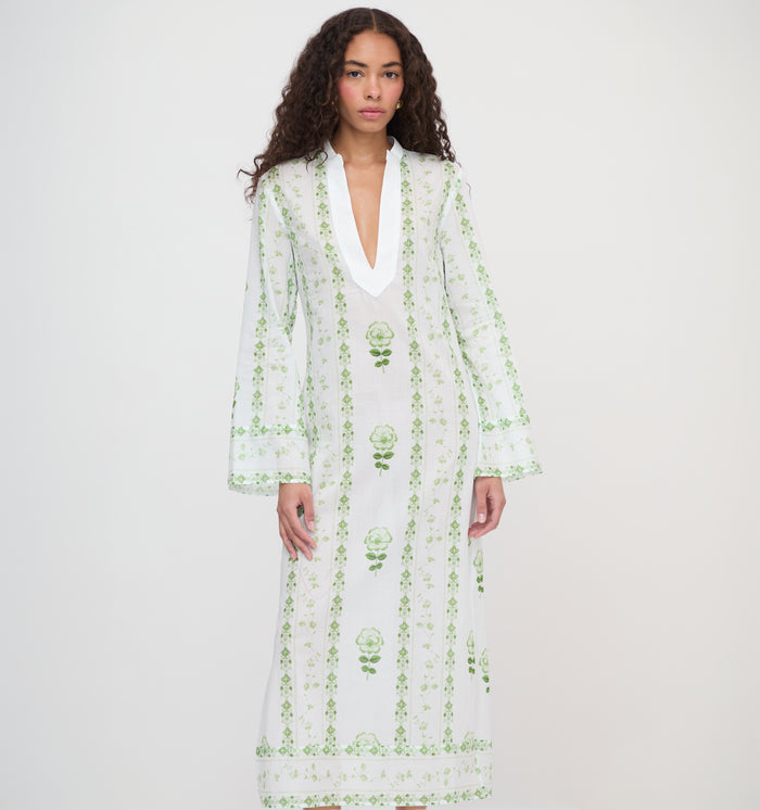 The Sorina Maxi Tunic - White/Green Arcadia Border