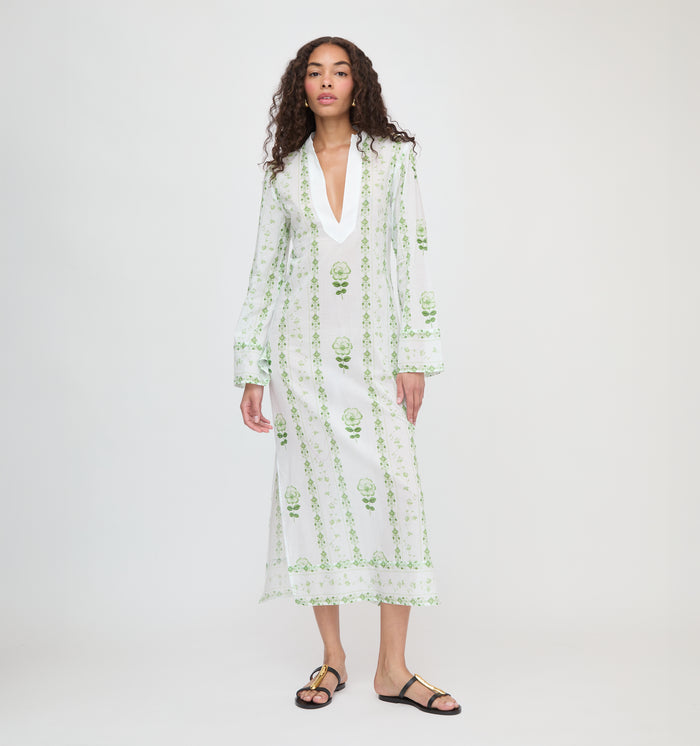 The Sorina Maxi Tunic - White/Green Arcadia Border