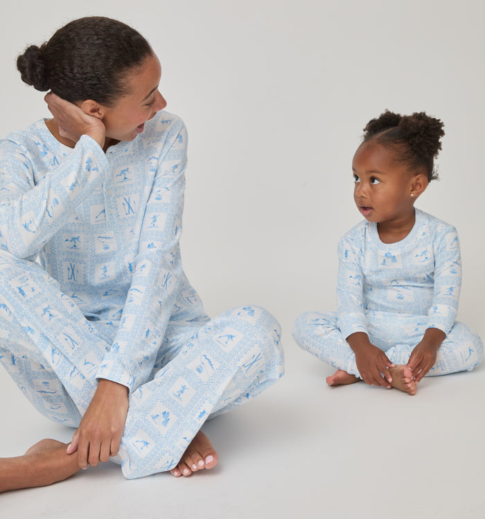 The Olivia Pajama Set and Baby Sully PJ Set in Blue Skiers Toile color:Blue Skiers Toile