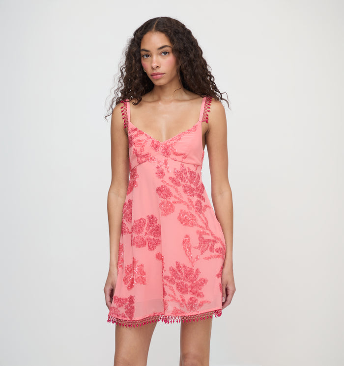 The Trix Dress - Coral Georgette With Sequins