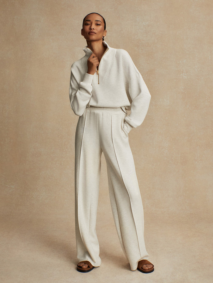 Ivory Marl|The Wide Leg Pant 30 in Ivory Marl, DoubleSoft® fabric, high-rise waist, elasticated internal drawcord, wide-leg silhouette and pink tuck detailing.