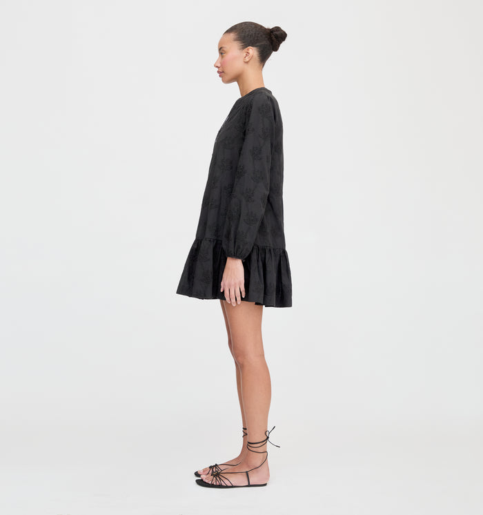 The Yara Mini Dress - Black Embroidered Bouquet
