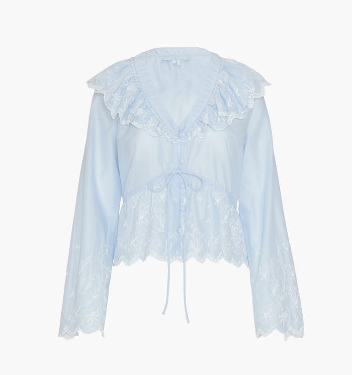 The Zoya Top - Powder Blue with White Embroidery