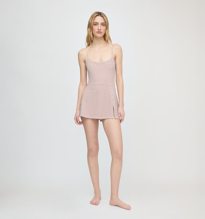 The Zuri Swim Skirt - Cognac Gingham