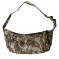 First Lite multi-color camouflage sling bag with an orange logo, adjustable strap with buckle, front zippered pocket, and fuzzy side panels.