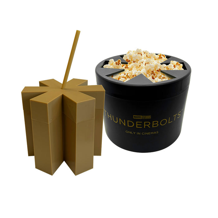 Side angle view of the Thunderbolts* popcorn and drink combo bucket highlighting its movie-inspired design