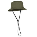 Olive green bucket hat with a wide brim, ventilation eyelets, and an adjustable black chin strap.