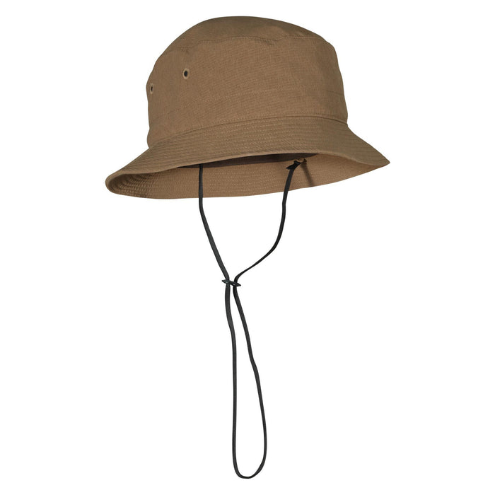 Tan bucket hat with a wide brim, ventilation holes, and a black adjustable chin strap.