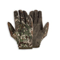 A pair of green camouflage and dark olive gloves featuring open fingertips on the index, middle, and ring fingers.
