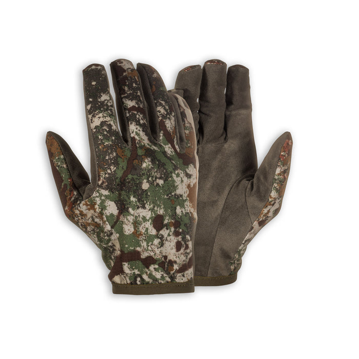 A pair of green camouflage and dark olive gloves featuring open fingertips on the index, middle, and ring fingers.